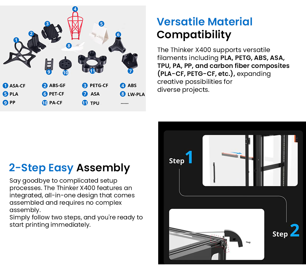 3D tiskárna ERYONE ThinkerX400 FDM, přesnost tisku 0,1–0,3 mm, vysoká rychlost 500 mm/s, automatické vyrovnávání 25bodové mřížky – zástrčka EU