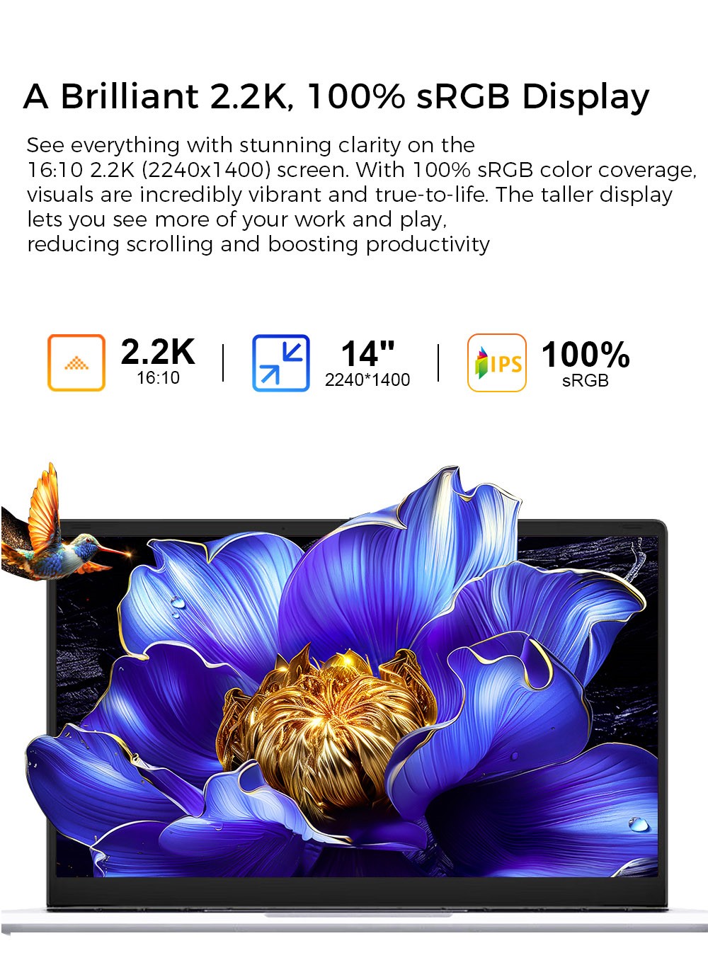 Ordinateur portable Ninkear S14, écran 14 pouces 2240 x 1400, processeur AMD Ryzen 7535HS 6 cœurs cadencé à 4,55 GHz maximum, RAM LPDDR5 16 Go, SSD 1 To, Wi-Fi 6, Bluetooth 5.3, batterie 5195 mAh, 2 ports Type-C (fonctionnalités complètes), 1 port Type-C (données uniquement), 1 port USB 3.0, 1 port HDMI, 1 port LAN 1G, 1 port audio 3,5 mm