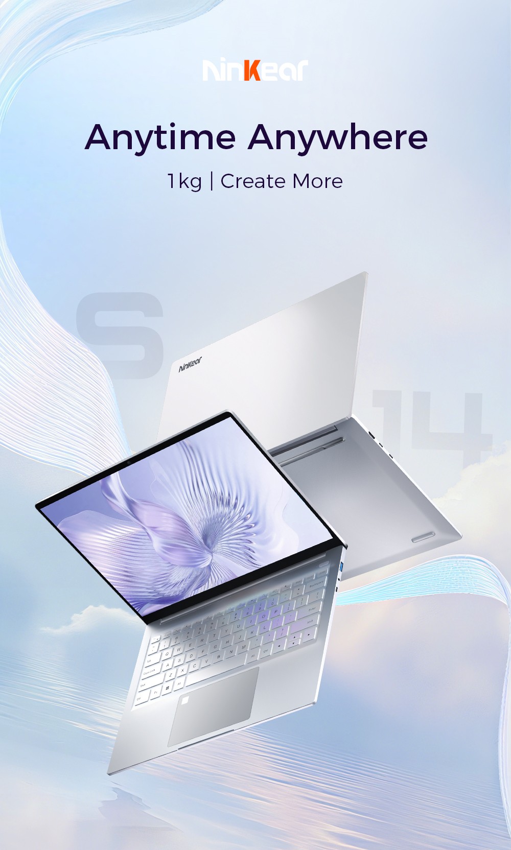 Ordinateur portable Ninkear S14, écran 14 pouces 2240 x 1400, processeur AMD Ryzen 7535HS 6 cœurs cadencé à 4,55 GHz maximum, RAM LPDDR5 16 Go, SSD 1 To, Wi-Fi 6, Bluetooth 5.3, batterie 5195 mAh, 2 ports Type-C (fonctionnalités complètes), 1 port Type-C (données uniquement), 1 port USB 3.0, 1 port HDMI, 1 port LAN 1G, 1 port audio 3,5 mm