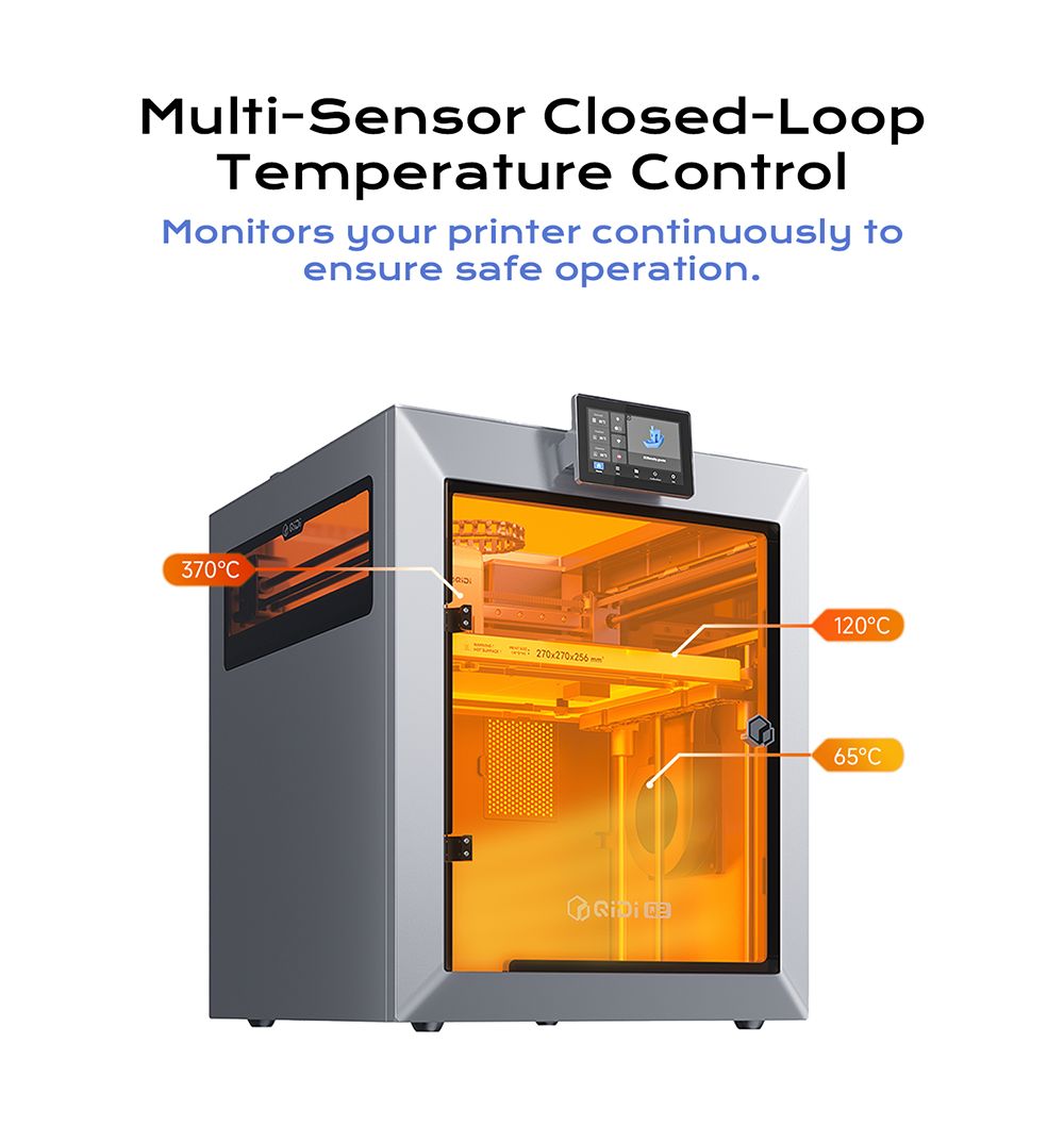QIDI TECH Q2 3D-printer, høj hastighed 600 mm/s, varmehoved 370°C, lukket kammer 65°C, automatisk nivellering, AI-kamera, stor byggevolumen 270×270×256 mm, kompatibel med PLA/ABS/PETG/TPU og avancerede materialer