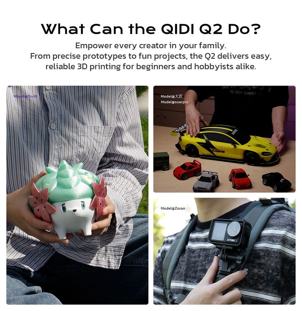 QIDI TECH Q2 3D-printer, høj hastighed 600 mm/s, varmehoved 370°C, lukket kammer 65°C, automatisk nivellering, AI-kamera, stor byggevolumen 270×270×256 mm, kompatibel med PLA/ABS/PETG/TPU og avancerede materialer