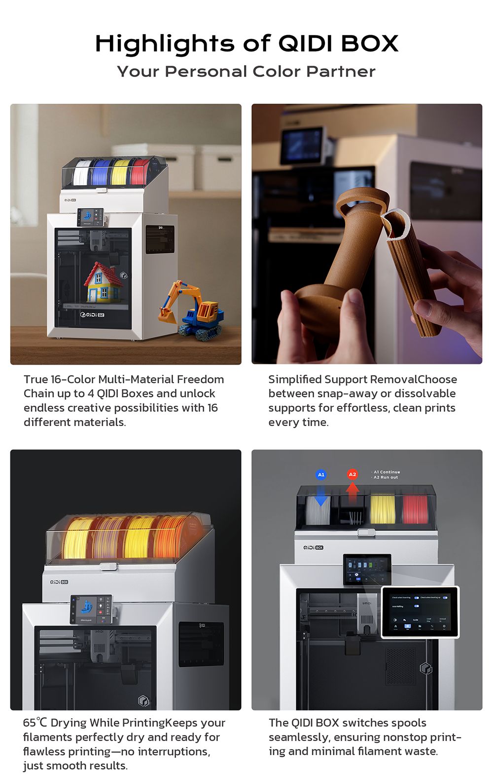 QIDI TECH Q2 3D-printer, høj hastighed 600 mm/s, varmehoved 370°C, lukket kammer 65°C, automatisk nivellering, AI-kamera, stor byggevolumen 270×270×256 mm, kompatibel med PLA/ABS/PETG/TPU og avancerede materialer