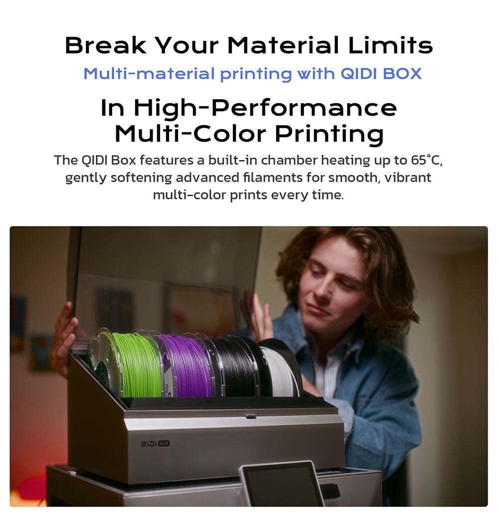QIDI TECH Q2 3D-printer, høj hastighed 600 mm/s, varmehoved 370°C, lukket kammer 65°C, automatisk nivellering, AI-kamera, stor byggevolumen 270×270×256 mm, kompatibel med PLA/ABS/PETG/TPU og avancerede materialer