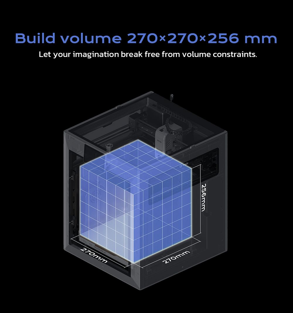 QIDI TECH Q2 3D-printer, høj hastighed 600 mm/s, varmehoved 370°C, lukket kammer 65°C, automatisk nivellering, AI-kamera, stor byggevolumen 270×270×256 mm, kompatibel med PLA/ABS/PETG/TPU og avancerede materialer