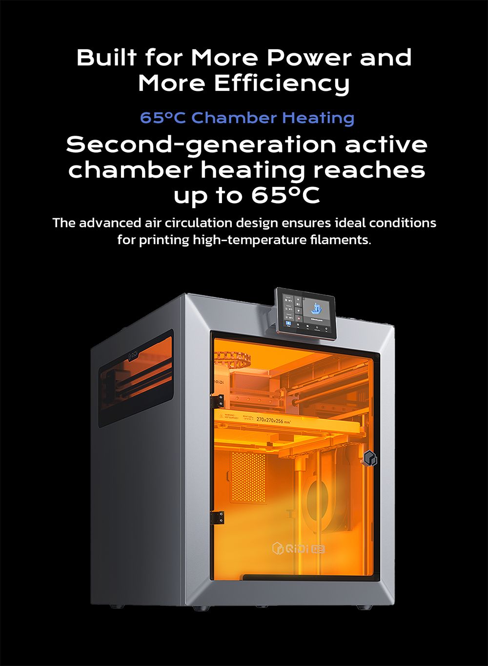 QIDI TECH Q2 3D-printer, høj hastighed 600 mm/s, varmehoved 370°C, lukket kammer 65°C, automatisk nivellering, AI-kamera, stor byggevolumen 270×270×256 mm, kompatibel med PLA/ABS/PETG/TPU og avancerede materialer