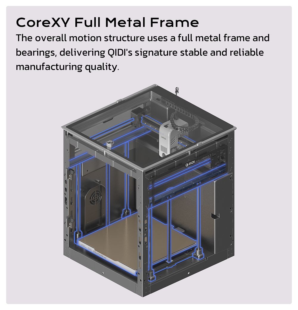 QIDI TECH Q2 3D-printer, høj hastighed 600 mm/s, varmehoved 370°C, lukket kammer 65°C, automatisk nivellering, AI-kamera, stor byggevolumen 270×270×256 mm, kompatibel med PLA/ABS/PETG/TPU og avancerede materialer