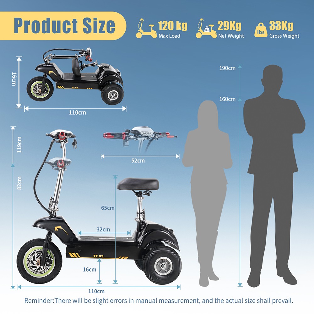 Scooter elettrico TWOFISH TF03 con sedile rimovibile, motore da 350 W, batteria da 48 V 15 Ah, pneumatici anteriori da 12" e posteriori da 10", velocità massima 30 km/h, autonomia 30 km, freni a disco, ammortizzatore anteriore