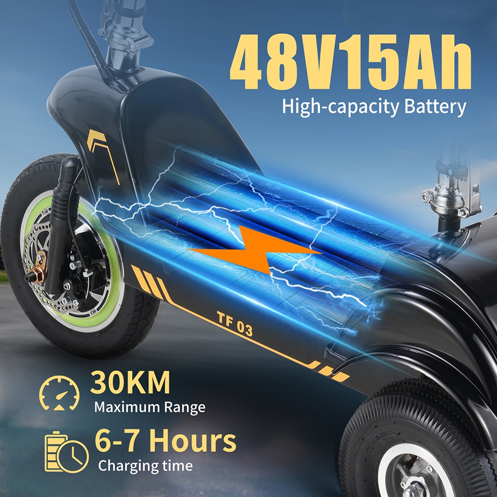 Scooter elettrico TWOFISH TF03 con sedile rimovibile, motore da 350 W, batteria da 48 V 15 Ah, pneumatici anteriori da 12" e posteriori da 10", velocità massima 30 km/h, autonomia 30 km, freni a disco, ammortizzatore anteriore