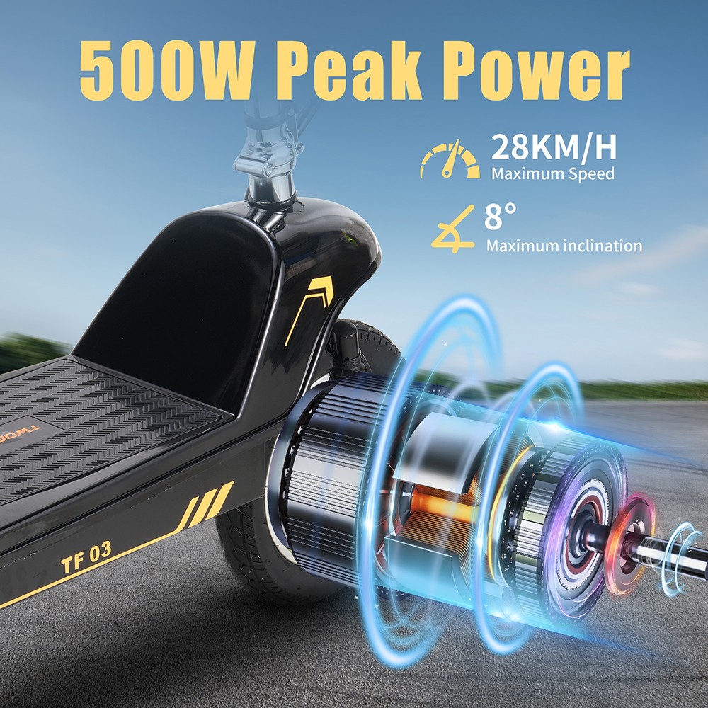 Scooter elettrico TWOFISH TF03 con sedile rimovibile, motore da 350 W, batteria da 48 V 15 Ah, pneumatici anteriori da 12" e posteriori da 10", velocità massima 30 km/h, autonomia 30 km, freni a disco, ammortizzatore anteriore