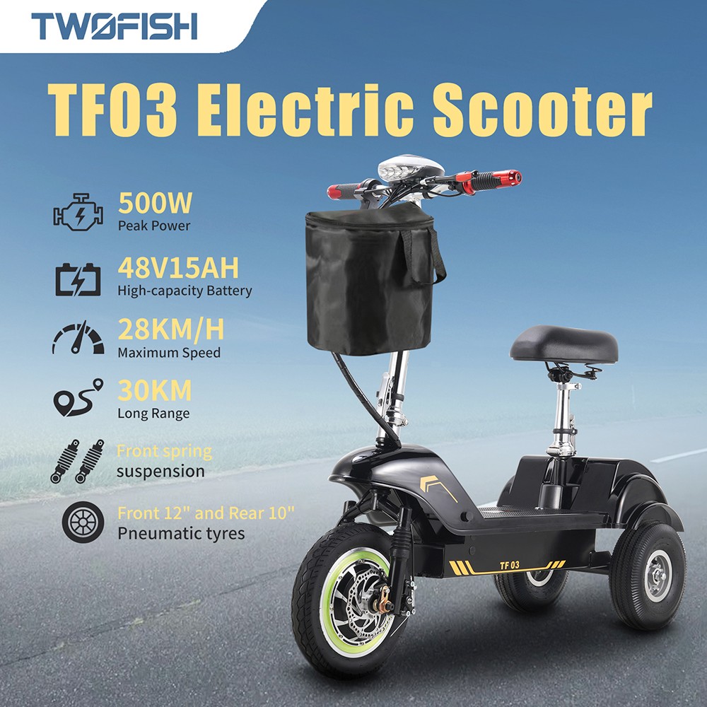 Scooter elettrico TWOFISH TF03 con sedile rimovibile, motore da 350 W, batteria da 48 V 15 Ah, pneumatici anteriori da 12" e posteriori da 10", velocità massima 30 km/h, autonomia 30 km, freni a disco, ammortizzatore anteriore