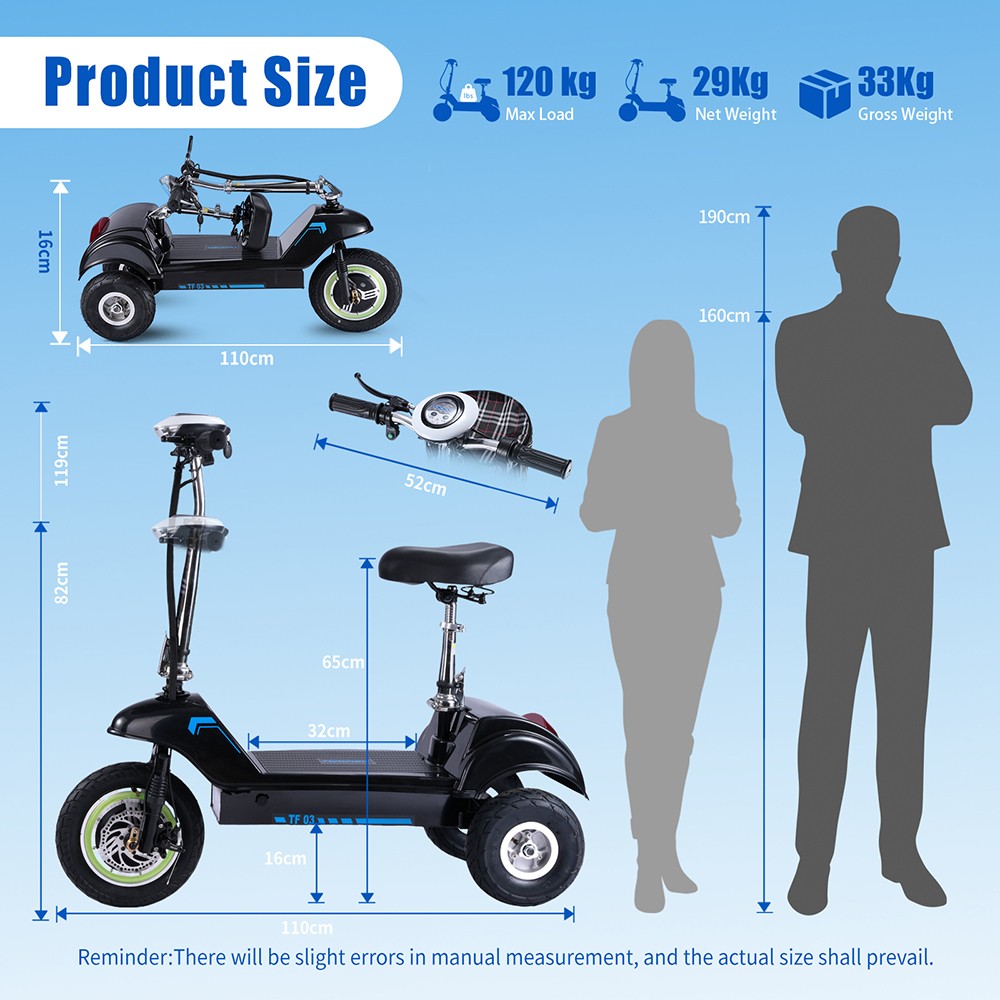 TWOFISH TF03 elektrische scooter met afneembare stoel, 350 W motor, 48 V 15 Ah batterij, 12 inch voor- en 10 inch achterbanden, maximale snelheid 28 km/u, actieradius 30 km, schijfremmen, vering vooraan - blauw