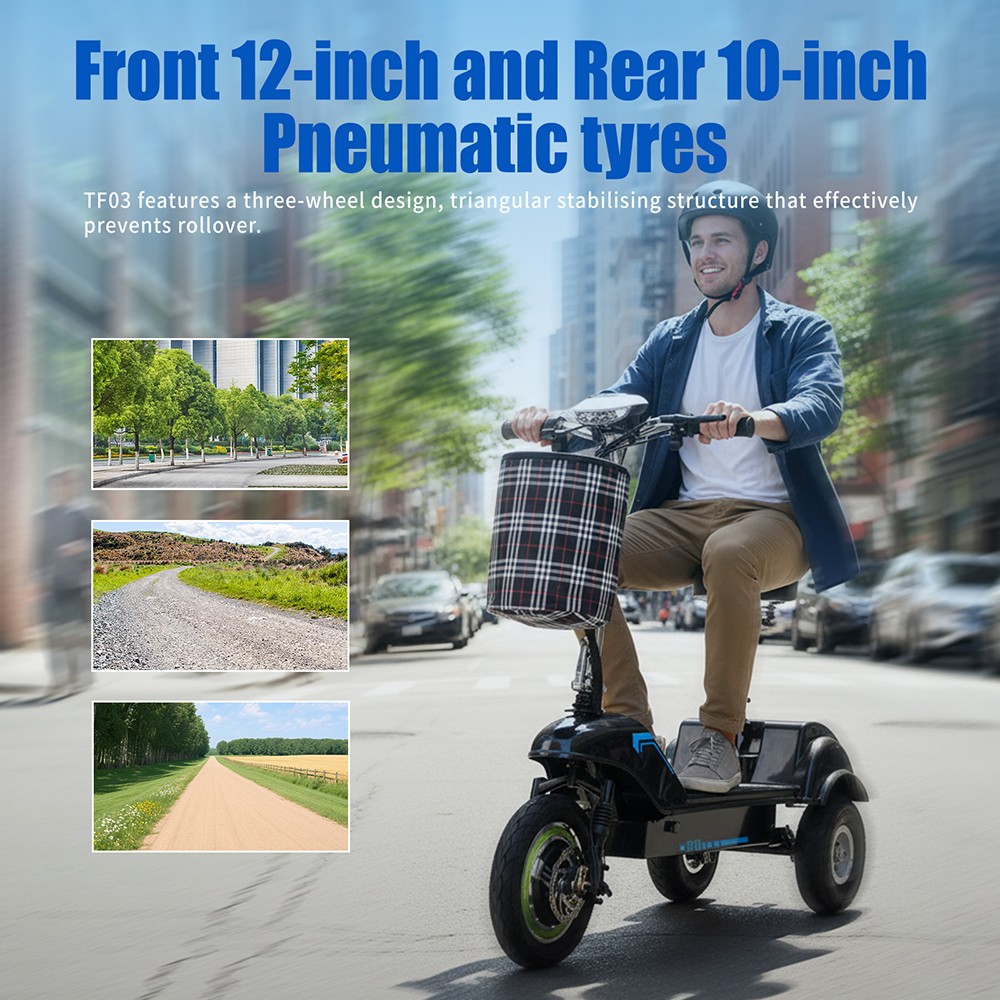 TWOFISH TF03 elektrische scooter met afneembare stoel, 350 W motor, 48 V 15 Ah batterij, 12 inch voor- en 10 inch achterbanden, maximale snelheid 28 km/u, actieradius 30 km, schijfremmen, vering vooraan - blauw