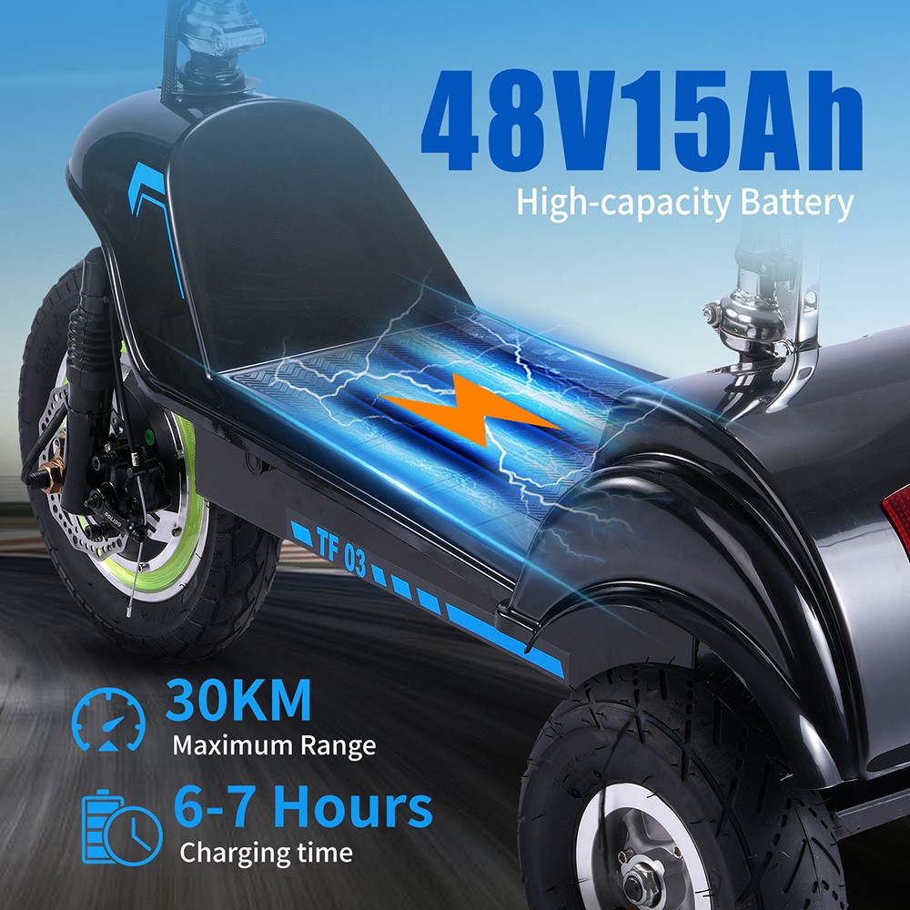 TWOFISH TF03 elektrische scooter met afneembare stoel, 350 W motor, 48 V 15 Ah batterij, 12 inch voor- en 10 inch achterbanden, maximale snelheid 28 km/u, actieradius 30 km, schijfremmen, vering vooraan - blauw