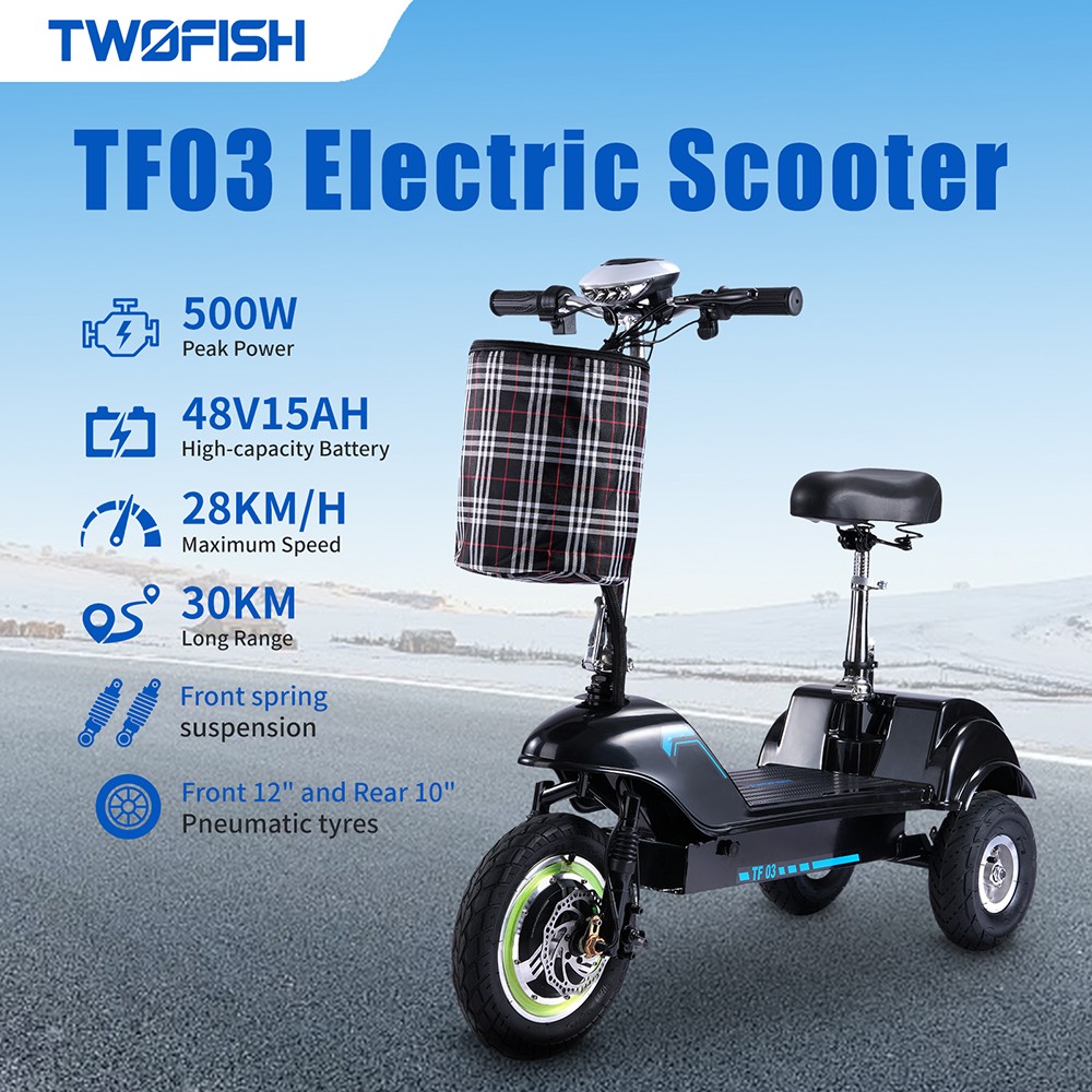 TWOFISH TF03 elektrische scooter met afneembare stoel, 350 W motor, 48 V 15 Ah batterij, 12 inch voor- en 10 inch achterbanden, maximale snelheid 28 km/u, actieradius 30 km, schijfremmen, vering vooraan - blauw