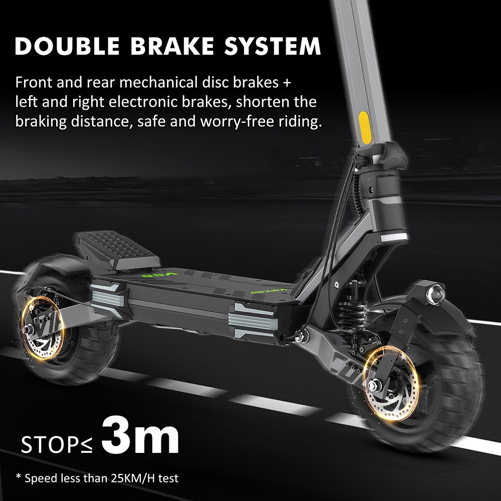 Patinete eléctrico Vipcoo VS6, motor de 1000 W, batería de 48 V 18,2 Ah, neumáticos de 10 pulgadas, velocidad máxima 25 km/h, autonomía 55 km, frenos de disco mecánicos delanteros y traseros, amortiguación de muelles delanteros y traseros, pantalla LED inteligente, desbloqueo NFC