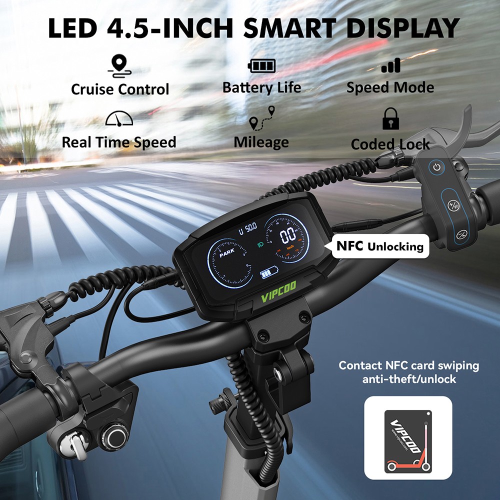 Patinete eléctrico Vipcoo VS6, motor de 1000 W, batería de 48 V 18,2 Ah, neumáticos de 10 pulgadas, velocidad máxima 25 km/h, autonomía 55 km, frenos de disco mecánicos delanteros y traseros, amortiguación de muelles delanteros y traseros, pantalla LED inteligente, desbloqueo NFC