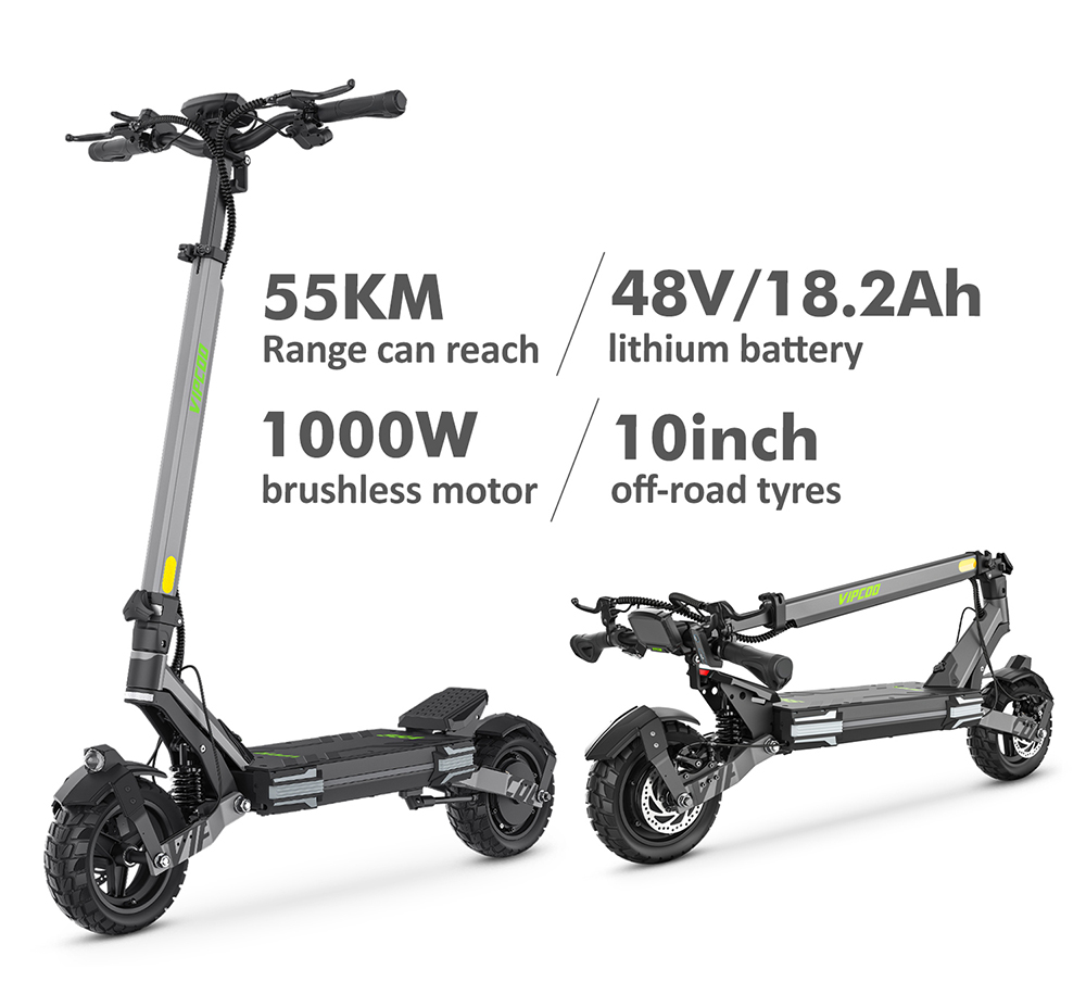 Patinete eléctrico Vipcoo VS6, motor de 1000 W, batería de 48 V 18,2 Ah, neumáticos de 10 pulgadas, velocidad máxima 25 km/h, autonomía 55 km, frenos de disco mecánicos delanteros y traseros, amortiguación de muelles delanteros y traseros, pantalla LED inteligente, desbloqueo NFC