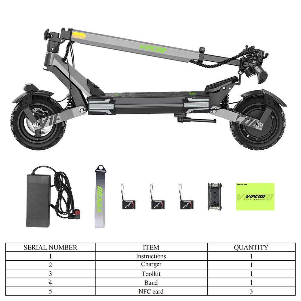 Patinete eléctrico Vipcoo VS6, motor de 1000 W, batería de 48 V 18,2 Ah, neumáticos de 10 pulgadas, velocidad máxima 25 km/h, autonomía 55 km, frenos de disco mecánicos delanteros y traseros, amortiguación de muelles delanteros y traseros, pantalla LED inteligente, desbloqueo NFC