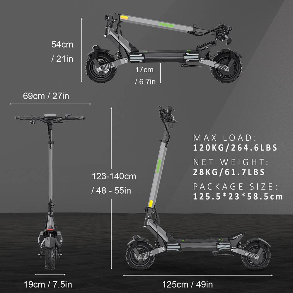 Patinete eléctrico Vipcoo VS6, motor de 1000 W, batería de 48 V 18,2 Ah, neumáticos de 10 pulgadas, velocidad máxima 25 km/h, autonomía 55 km, frenos de disco mecánicos delanteros y traseros, amortiguación de muelles delanteros y traseros, pantalla LED inteligente, desbloqueo NFC