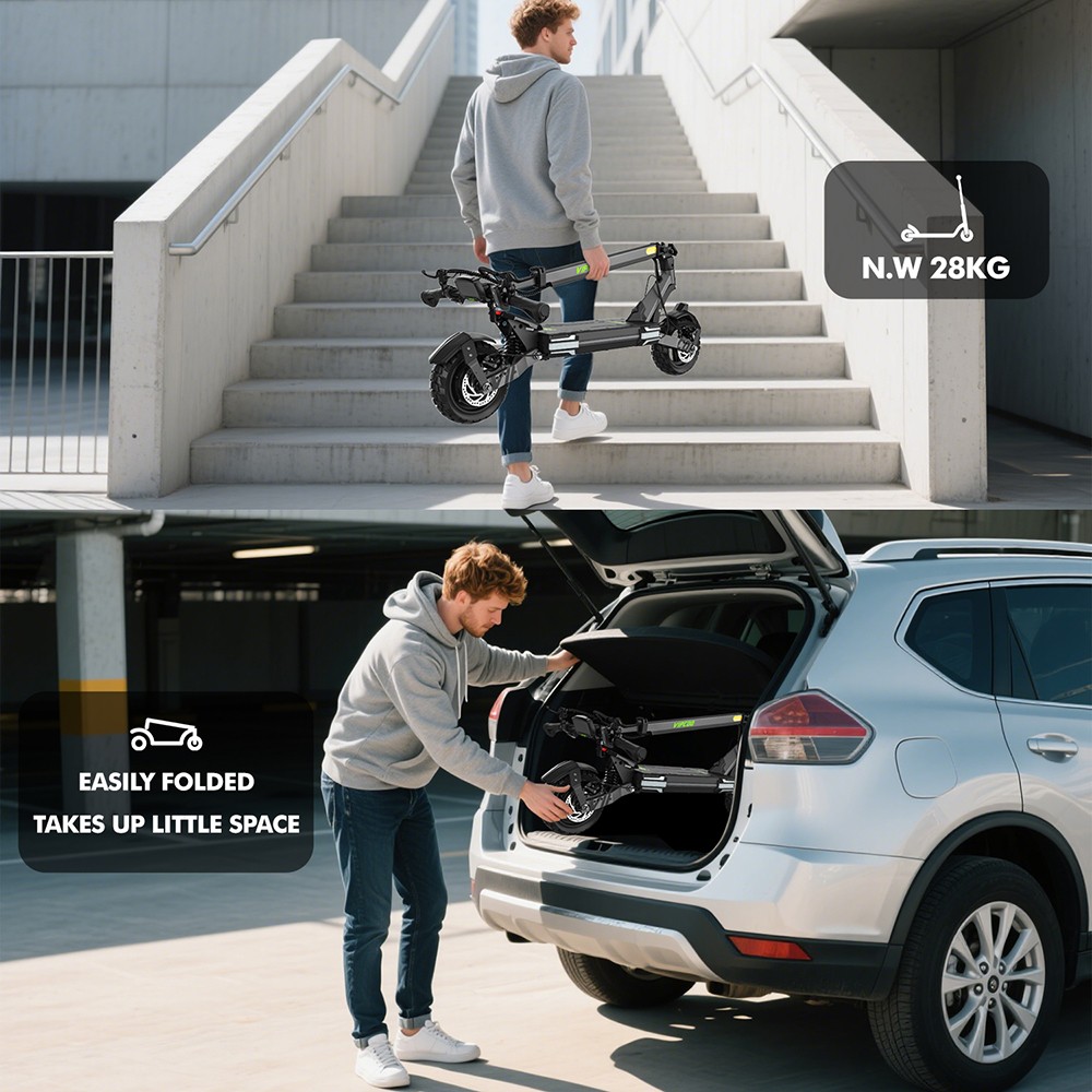 Patinete eléctrico Vipcoo VS6, motor de 1000 W, batería de 48 V 18,2 Ah, neumáticos de 10 pulgadas, velocidad máxima 25 km/h, autonomía 55 km, frenos de disco mecánicos delanteros y traseros, amortiguación de muelles delanteros y traseros, pantalla LED inteligente, desbloqueo NFC