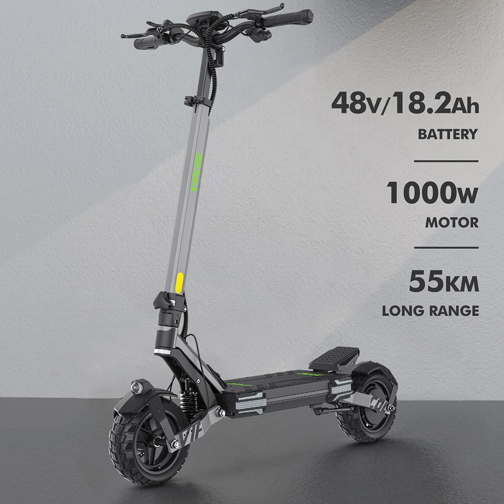 Patinete eléctrico Vipcoo VS6, motor de 1000 W, batería de 48 V 18,2 Ah, neumáticos de 10 pulgadas, velocidad máxima 25 km/h, autonomía 55 km, frenos de disco mecánicos delanteros y traseros, amortiguación de muelles delanteros y traseros, pantalla LED inteligente, desbloqueo NFC