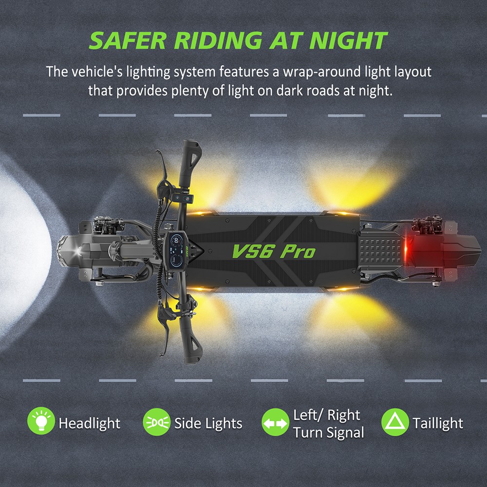 Trottinette électrique Vipcoo VS6 Pro, moteur 1200 W x 2, batterie 52 V 20,8 Ah, pneus 10 pouces, vitesse maximale 25 km/h, autonomie 65 km, freins à disque mécaniques avant et arrière, amortisseurs avant et arrière, écran LED, déverrouillage NFC