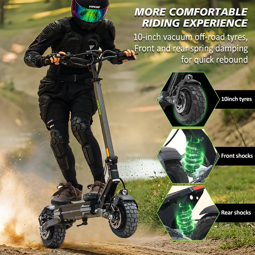 Trottinette électrique Vipcoo VS6 Pro, moteur 1200 W x 2, batterie 52 V 20,8 Ah, pneus 10 pouces, vitesse maximale 25 km/h, autonomie 65 km, freins à disque mécaniques avant et arrière, amortisseurs avant et arrière, écran LED, déverrouillage NFC