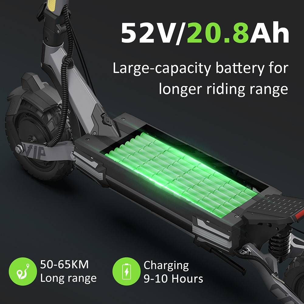 Trottinette électrique Vipcoo VS6 Pro, moteur 1200 W x 2, batterie 52 V 20,8 Ah, pneus 10 pouces, vitesse maximale 25 km/h, autonomie 65 km, freins à disque mécaniques avant et arrière, amortisseurs avant et arrière, écran LED, déverrouillage NFC