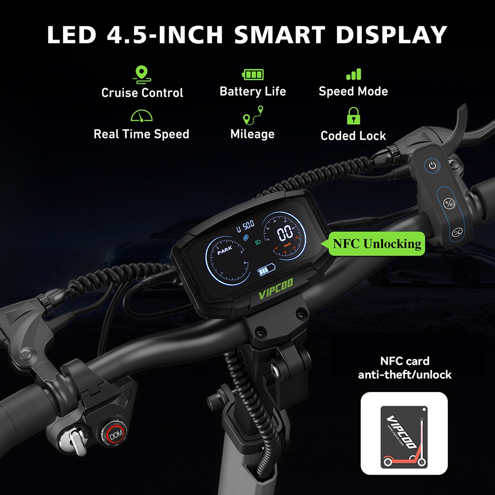 Trottinette électrique Vipcoo VS6 Pro, moteur 1200 W x 2, batterie 52 V 20,8 Ah, pneus 10 pouces, vitesse maximale 25 km/h, autonomie 65 km, freins à disque mécaniques avant et arrière, amortisseurs avant et arrière, écran LED, déverrouillage NFC