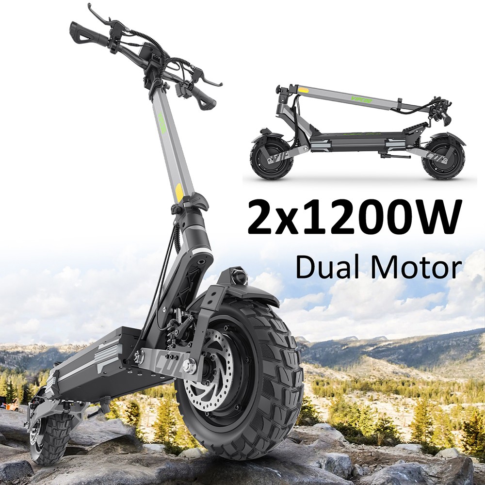 Trottinette électrique Vipcoo VS6 Pro, moteur 1200 W x 2, batterie 52 V 20,8 Ah, pneus 10 pouces, vitesse maximale 25 km/h, autonomie 65 km, freins à disque mécaniques avant et arrière, amortisseurs avant et arrière, écran LED, déverrouillage NFC