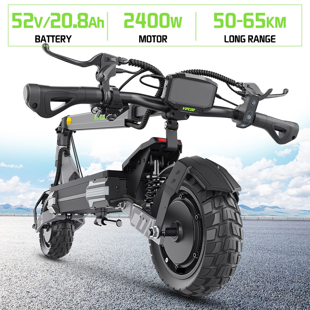 Trottinette électrique Vipcoo VS6 Pro, moteur 1200 W x 2, batterie 52 V 20,8 Ah, pneus 10 pouces, vitesse maximale 25 km/h, autonomie 65 km, freins à disque mécaniques avant et arrière, amortisseurs avant et arrière, écran LED, déverrouillage NFC