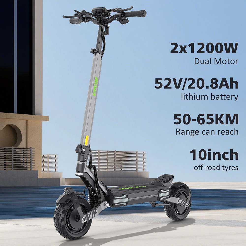 Trottinette électrique Vipcoo VS6 Pro, moteur 1200 W x 2, batterie 52 V 20,8 Ah, pneus 10 pouces, vitesse maximale 25 km/h, autonomie 65 km, freins à disque mécaniques avant et arrière, amortisseurs avant et arrière, écran LED, déverrouillage NFC