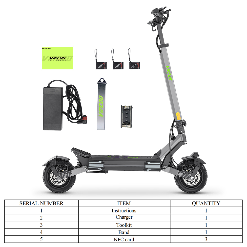 Trottinette électrique Vipcoo VS6 Pro, moteur 1200 W x 2, batterie 52 V 20,8 Ah, pneus 10 pouces, vitesse maximale 25 km/h, autonomie 65 km, freins à disque mécaniques avant et arrière, amortisseurs avant et arrière, écran LED, déverrouillage NFC