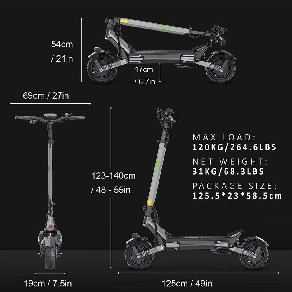Trottinette électrique Vipcoo VS6 Pro, moteur 1200 W x 2, batterie 52 V 20,8 Ah, pneus 10 pouces, vitesse maximale 25 km/h, autonomie 65 km, freins à disque mécaniques avant et arrière, amortisseurs avant et arrière, écran LED, déverrouillage NFC