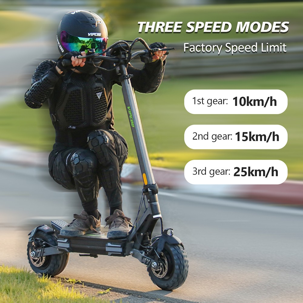 Trottinette électrique Vipcoo VS6 Pro, moteur 1200 W x 2, batterie 52 V 20,8 Ah, pneus 10 pouces, vitesse maximale 25 km/h, autonomie 65 km, freins à disque mécaniques avant et arrière, amortisseurs avant et arrière, écran LED, déverrouillage NFC