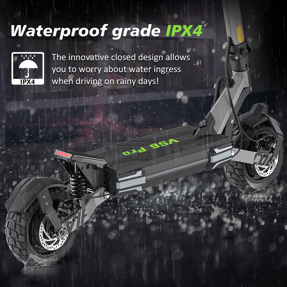 Trottinette électrique Vipcoo VS6 Pro, moteur 1200 W x 2, batterie 52 V 20,8 Ah, pneus 10 pouces, vitesse maximale 25 km/h, autonomie 65 km, freins à disque mécaniques avant et arrière, amortisseurs avant et arrière, écran LED, déverrouillage NFC