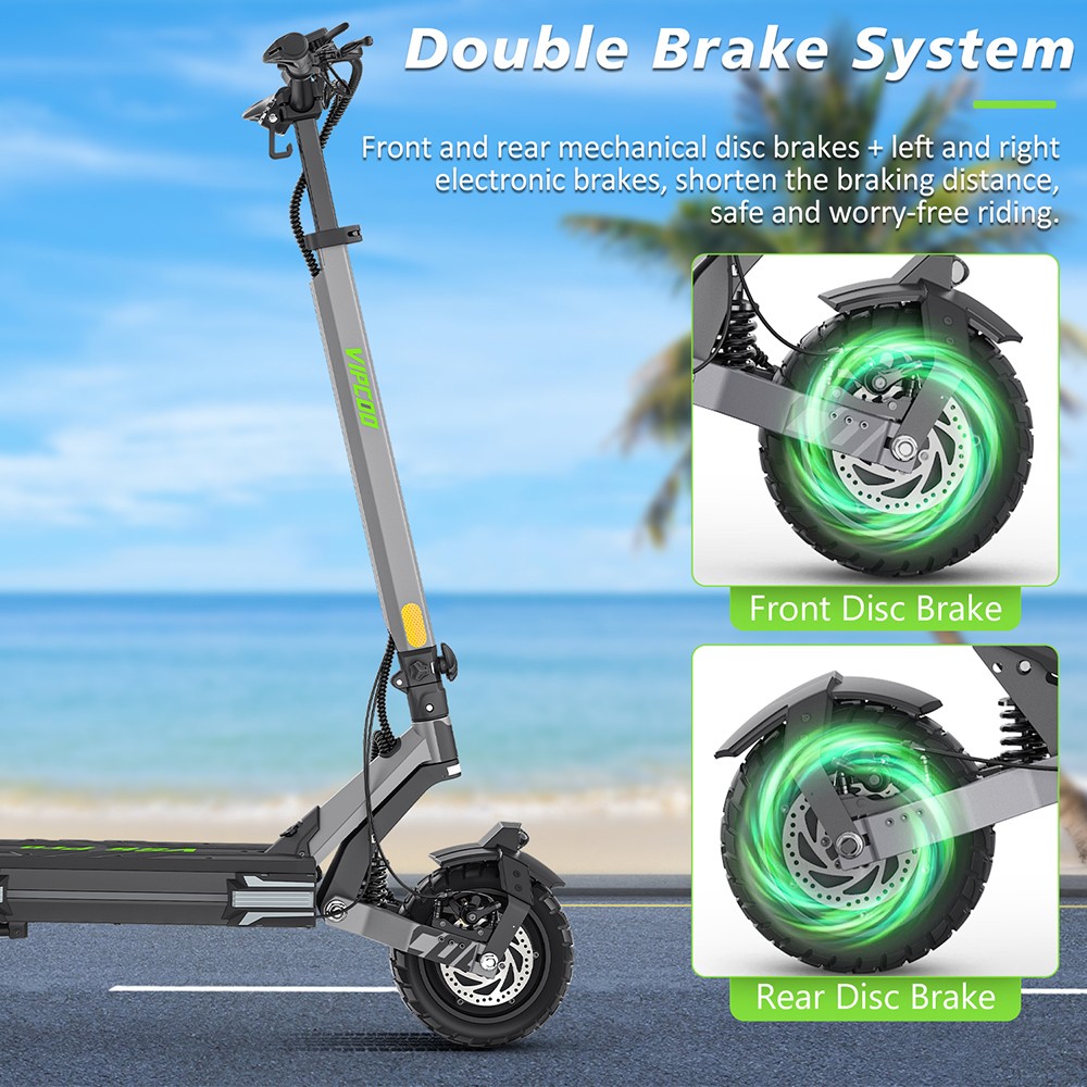 Trottinette électrique Vipcoo VS6 Pro, moteur 1200 W x 2, batterie 52 V 20,8 Ah, pneus 10 pouces, vitesse maximale 25 km/h, autonomie 65 km, freins à disque mécaniques avant et arrière, amortisseurs avant et arrière, écran LED, déverrouillage NFC