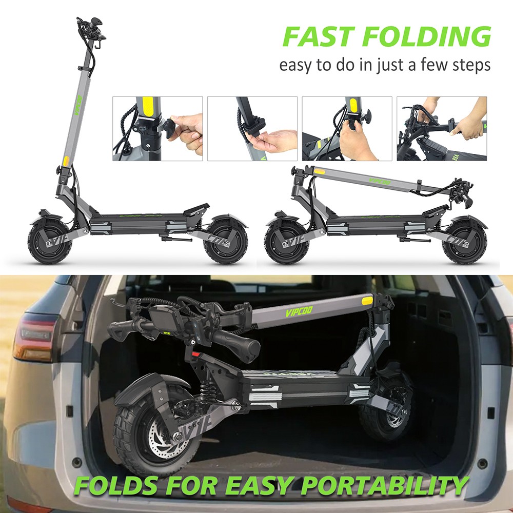 Trottinette électrique Vipcoo VS6 Pro, moteur 1200 W x 2, batterie 52 V 20,8 Ah, pneus 10 pouces, vitesse maximale 25 km/h, autonomie 65 km, freins à disque mécaniques avant et arrière, amortisseurs avant et arrière, écran LED, déverrouillage NFC