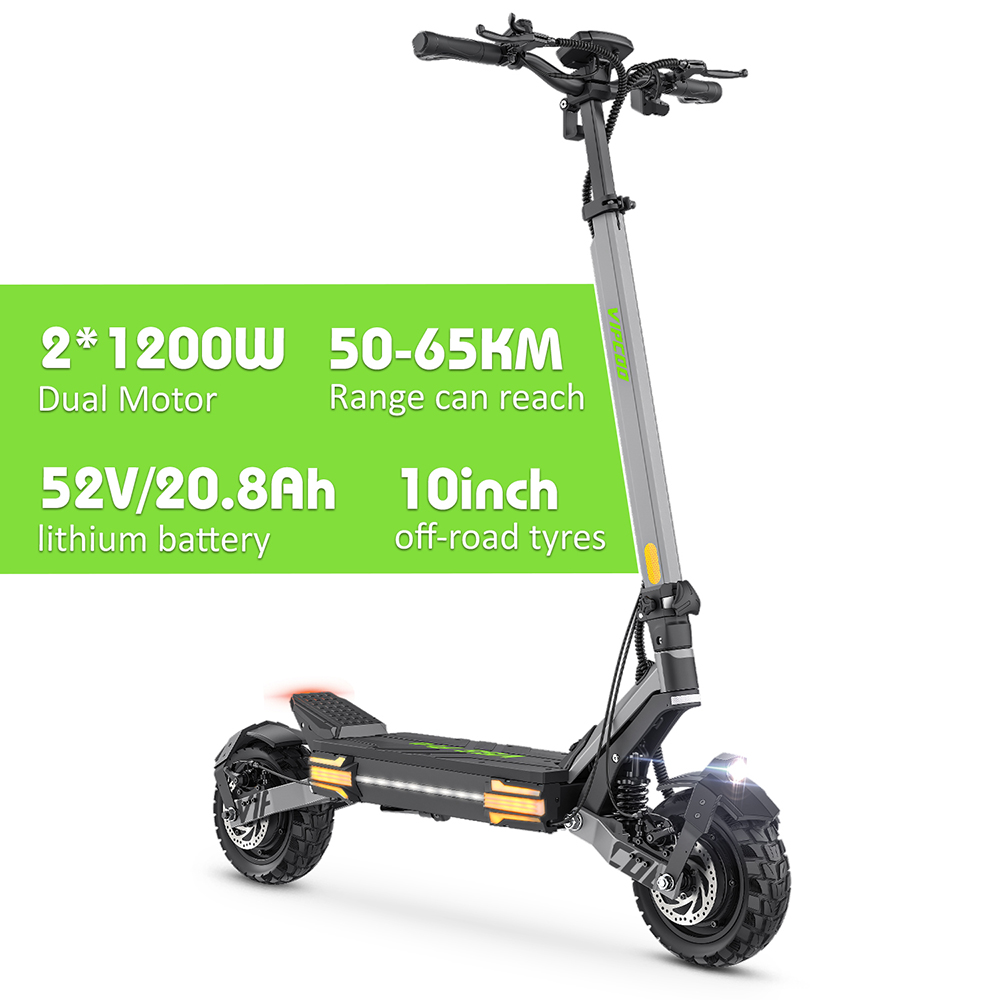 Trottinette électrique Vipcoo VS6 Pro, moteur 1200 W x 2, batterie 52 V 20,8 Ah, pneus 10 pouces, vitesse maximale 25 km/h, autonomie 65 km, freins à disque mécaniques avant et arrière, amortisseurs avant et arrière, écran LED, déverrouillage NFC