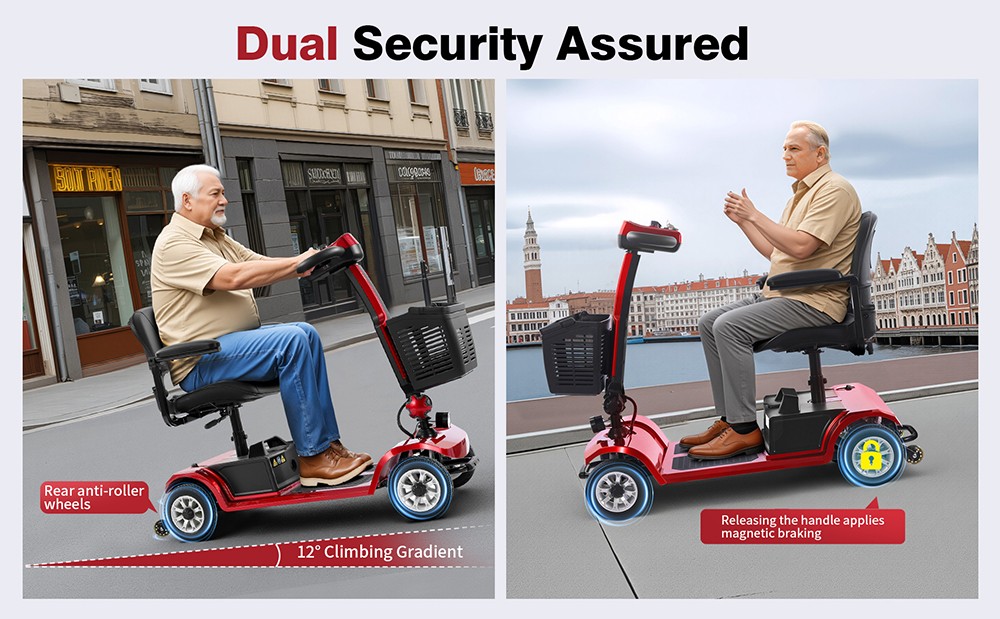 Hulajnoga czterokołowa Unificare Unagi, silnik 250 W, akumulator 24 V 12 Ah, opony 8 cali, maksymalna prędkość 6 km/h, zasięg 20 km, hamulec magnetyczny, maksymalne obciążenie 190 kg - czerwona