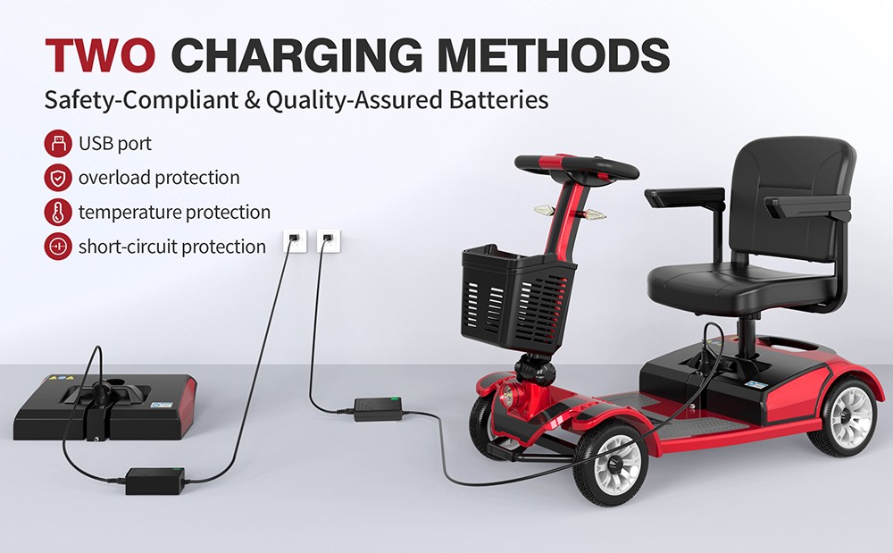 Unificare Mate Four-Wheel Scooter for Seniors, 250W Motor, 24V 20Ah Battery, 8 Inch Front & 9 Inch Rear Tires, Max Speed ​​7.8km/h, Range 35km, Magnetic Brake, Max Load 190kg - Red