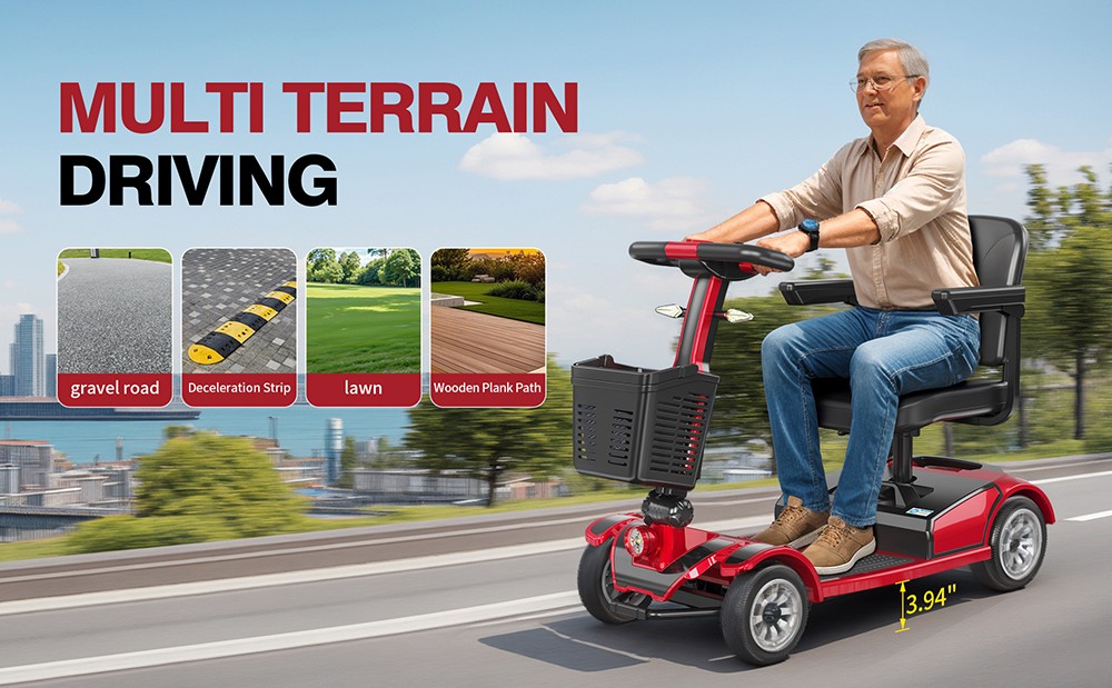 Unificare Mate Four-Wheel Scooter for Seniors, 250W Motor, 24V 20Ah Battery, 8 Inch Front & 9 Inch Rear Tires, Max Speed ​​7.8km/h, Range 35km, Magnetic Brake, Max Load 190kg - Red