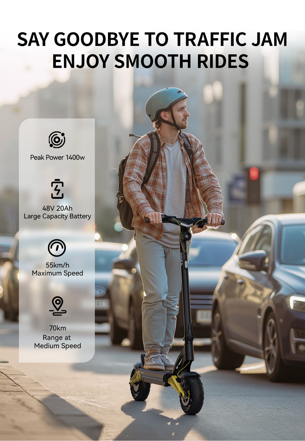 Składana hulajnoga elektryczna OOTD S10, 10-calowe opony, silnik 1400 W, maksymalna prędkość 25 km/h, akumulator 48 V 20 Ah, zasięg od 60 do 70 km, maksymalne obciążenie 120 kg, hamulec tarczowy, amortyzacja, IPX4, APP - żółty