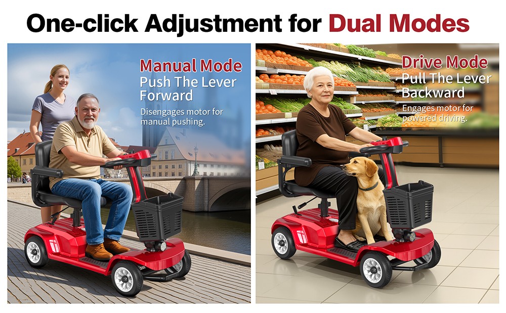 Hulajnoga czterokołowa Unificare Lucas Pro, silnik 180 W, akumulator 24 V 12 Ah, opony 8 cali, maksymalna prędkość 6 km/h, zasięg 20 km, hamulec magnetyczny, maksymalne obciążenie 190 kg - czerwona