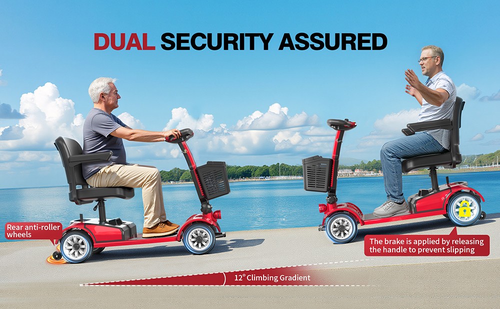 Unificare Mate Four-Wheel Scooter for Seniors, 250W Motor, 24V 20Ah Battery, 8 Inch Front & 9 Inch Rear Tires, Max Speed ​​7.8km/h, Range 35km, Magnetic Brake, Max Load 190kg - Red