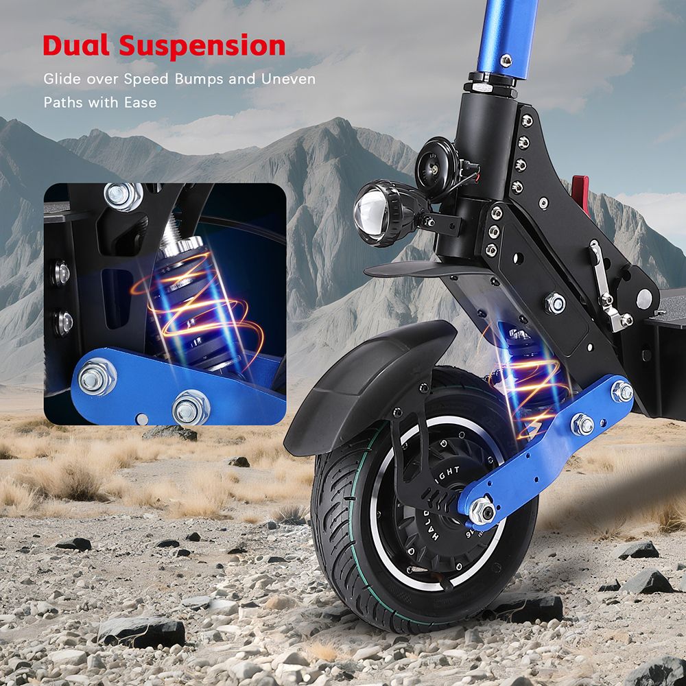 Elektrická koloběžka Halo Knight T108, 10" silniční pneumatika, 1000W duální motor, maximální rychlost 65 km/h, baterie 52 V 28,8 Ah, maximální dojezd 60 km, maximální zatížení 150 kg, hydraulická brzda, IPX4 Vodotěsný - černý