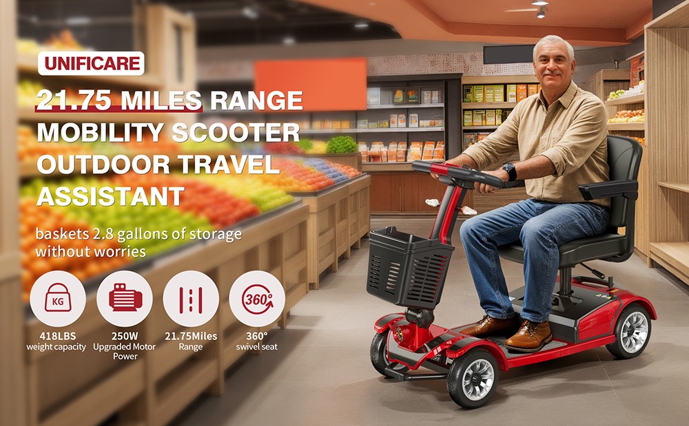 Unificare Mate Four-Wheel Scooter for Seniors, 250W Motor, 24V 20Ah Battery, 8 Inch Front & 9 Inch Rear Tires, Max Speed ​​7.8km/h, Range 35km, Magnetic Brake, Max Load 190kg - Red