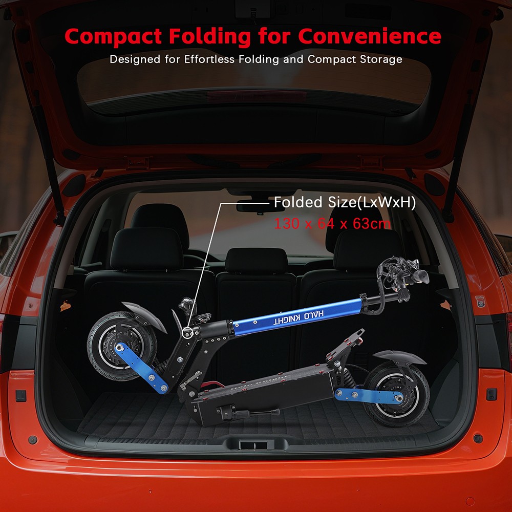 Elektrická koloběžka Halo Knight T108, 10" silniční pneumatika, 1000W duální motor, maximální rychlost 65 km/h, baterie 52 V 28,8 Ah, maximální dojezd 60 km, maximální zatížení 150 kg, hydraulická brzda, IPX4 Vodotěsný - černý