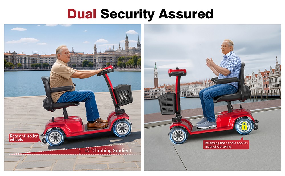 Hulajnoga czterokołowa Unificare Lucas Pro, silnik 180 W, akumulator 24 V 12 Ah, opony 8 cali, maksymalna prędkość 6 km/h, zasięg 20 km, hamulec magnetyczny, maksymalne obciążenie 190 kg - czerwona