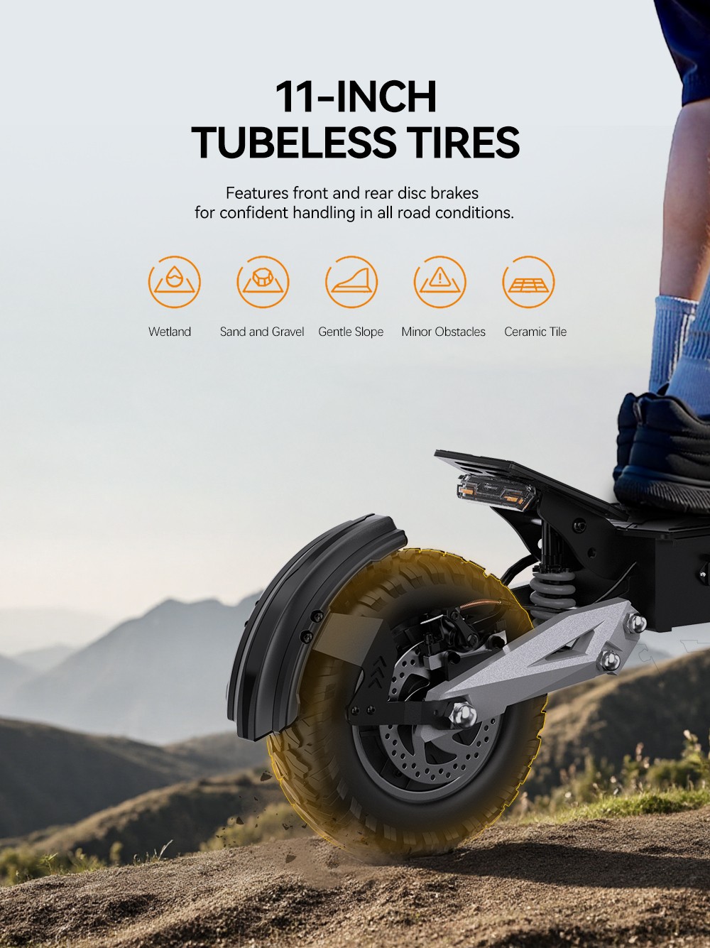 OOTD Scooter eléctrico T10, motor de 500 W, batería de 48 V 13,5 Ah, neumáticos de 11 pulgadas, velocidad máxima de 50 km/h, alcance de 45 km, frenos de disco delanteros y traseros, amortiguadores de resorte delanteros y traseros